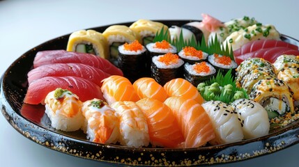 A plate of sushi with various types of fish, including salmon and tuna.