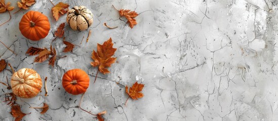 Autumn arrangement featuring pumpkins and dried leaves on a soft gray backdrop. Capturing the essence of autumn, fall, and Halloween. Presented in a flat lay style with a top-down view, square format,