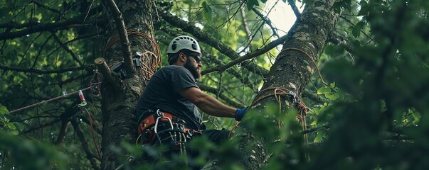 Arborist, tree surgeon climbing in safety gear helmet and googles to trim or remove trees, job site, customer care, outdoors. Harness, gloves, pine maintenance 