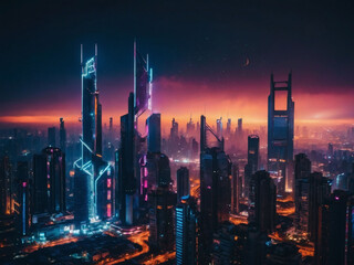 Night falls on the cyberpunk city, skyscrapers, neon lights, and flying cars transform the urban landscape into a futuristic fantasy world.