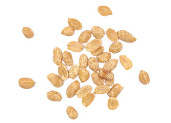 Roasted salted peanuts pile isolated white, top view