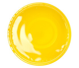 Yellow plastic cup of water, disposable isolated on white, clipping, top view