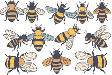 cute doodle set of various striped bees with different wing patterns vector illustration