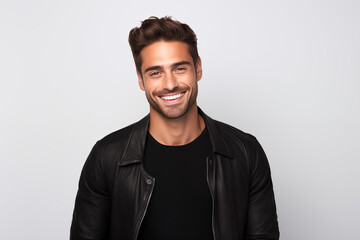 Obraz premium A smiling man wearing a black leather jacket against a neutral background.