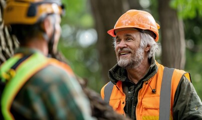 construction tree care landscape worker on a site with a helmet, talking to customer, employee, crew on the job site, small business owner 