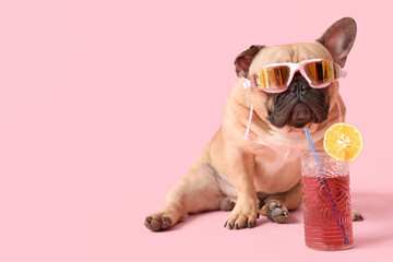 Cute French bulldog with sunglasses and glass of cocktail on pink background