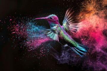 Hummingbird in Motion Against a Cosmic Red Nebula Background
