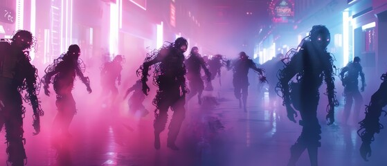 A group of zombies are walking down a street. The zombies are all wearing tattered clothing and have glowing eyes. The street is littered with debris and the buildings are damaged.