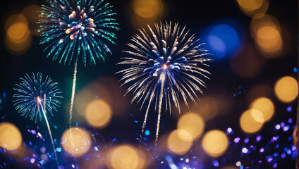 Opal and periwinkle Fireworks and bokeh in New Year's eve, with ample space for text