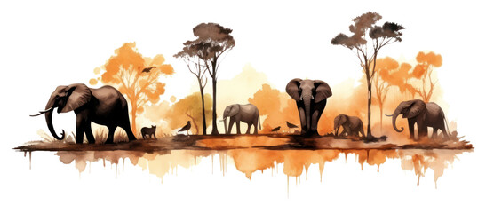 PNG Elephant family, jungle silhouette, transparent background