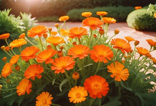 Vibrant orange marigolds blooming in a sunny garden bed,
 adding a touch of summer cheer