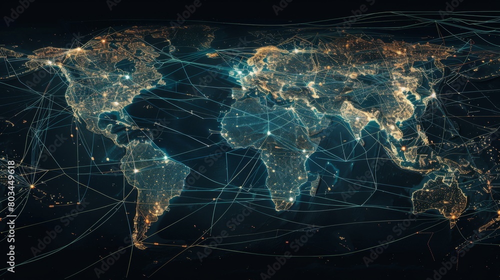 Poster A world map with lines of communication connecting cities and countries, illustrating the interconnectedness of global communication networks.