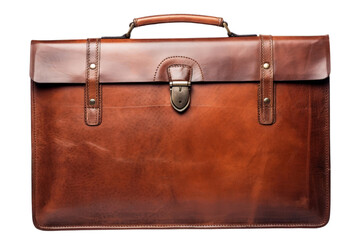 A brown leather briefcase with a gold clasp, white background, transparent background