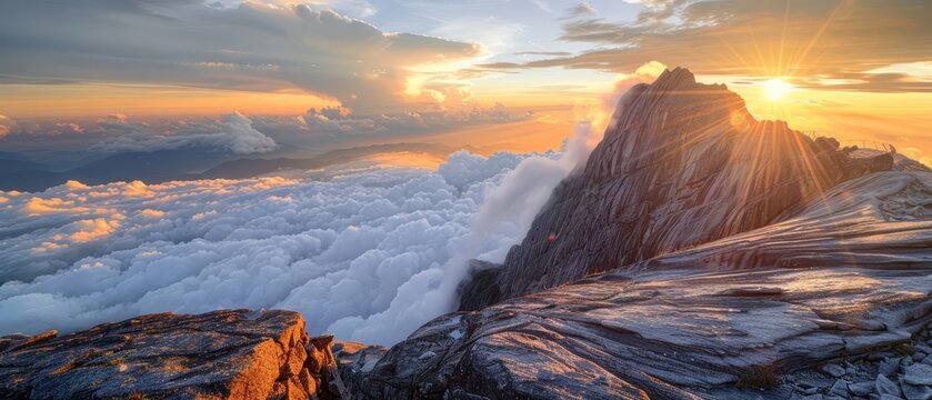 A stunning sunrise over the majestic Mount Kinabalu, the highest mountain in Borneo.