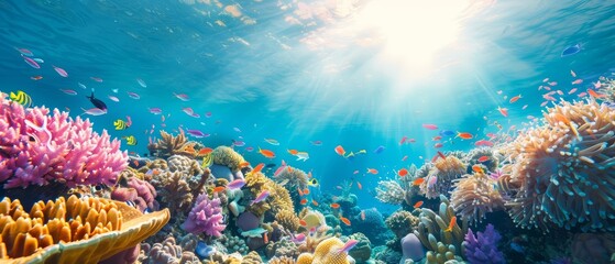 A beautiful and vibrant coral reef with a variety of fish swimming around. The water is crystal clear and the sun is shining brightly overhead. The reef is full of life and color.