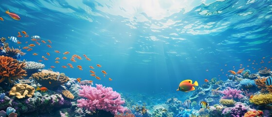 A beautiful and vibrant coral reef with a variety of fish swimming around. The water is crystal clear and the sun is shining brightly overhead.