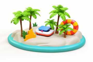 Obraz premium Beach Scene With Inflatable Raft and Palm Trees