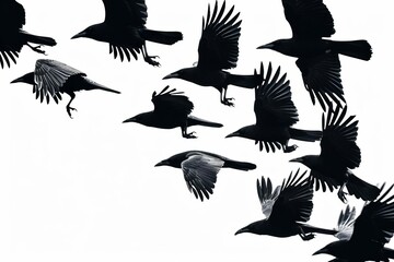 flock rooks flying white background bird migration freedom concept photo birds corvus frugilegus wildlife nature animal behavior black silhouette isolated cutout clipping path sky 