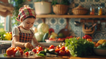 A toddler in a chefs hat is chopping vegetables on a cutting board, preparing natural foods for a...