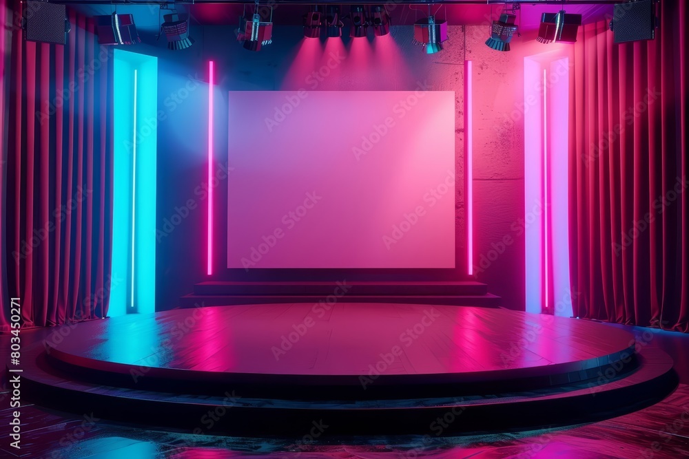 Poster create a photorealistic image of an empty stage with a large blank screen in the center