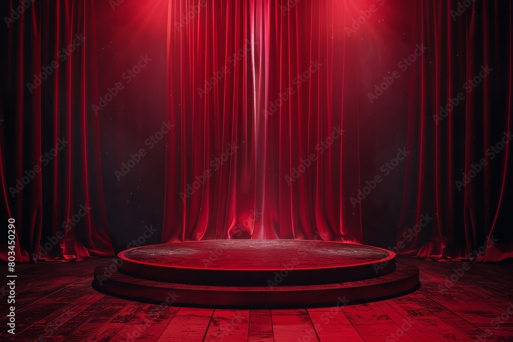 Poster an empty stage with a red curtain. there is a spotlight on the stage.