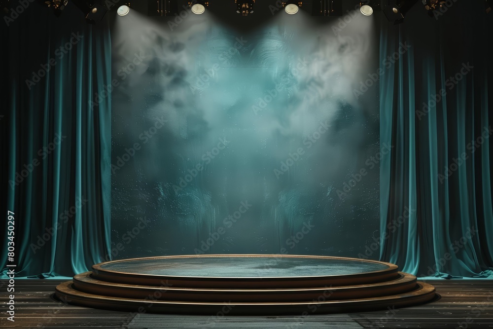 Poster create a digital painting of a theater stage with a spotlight on an empty stage with emerald green c
