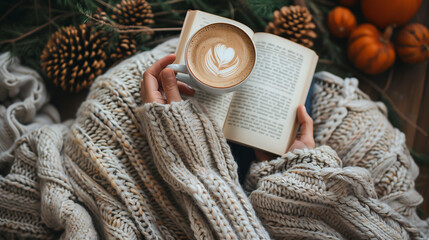 Obraz na płótnie Canvas Top down flatlay photo of cozy scene with wool clothing, a cup of coffee with latte art, a book and natural elements and plants