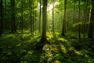 Fototapeta premium A dense forest clearing with sunlight filtering through the green leaves.