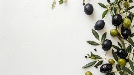 olives with twigs and fresh green leaves on flat white background. Space for text