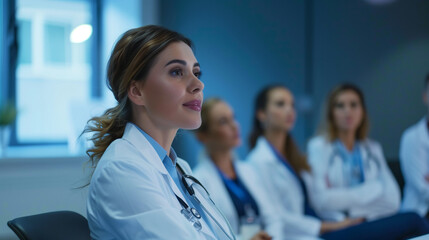 Female doctor as speaker at conference for healtcare workers, medical team sitting and listening presenter. Medical experts attending an education event, seminar in board room