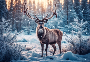 Winter snowy forest landscape with deer male buck with antlers. Generative AI