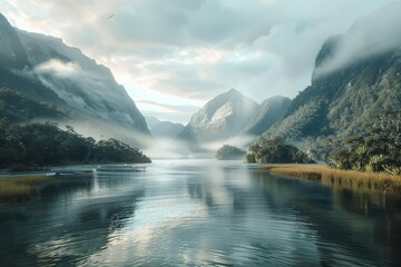 A serene landscape of a lake in the mountains. The water is calm and still, reflecting the sky above. The mountains are shrouded in mist, creating a sense of mystery and wonder.