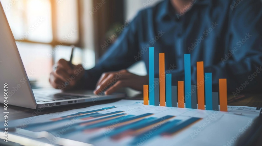 Poster an entrepreneur studying a bar graph depicting sales performance, identifying areas for improvement 