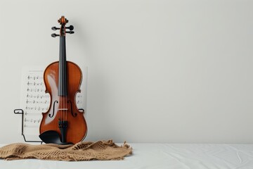 A violin sits on a music stand, ready to be played
