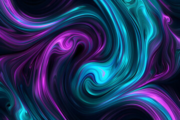 Dynamic neon swirls in violet and turquoise. Mesmerizing pattern on black background.