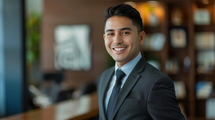 Fototapeta premium Smiling confident young Latino businessman in gray suit standing the background of blurred office