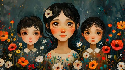 A whimsical illustration of a mother surrounded by her children, each with unique personalities