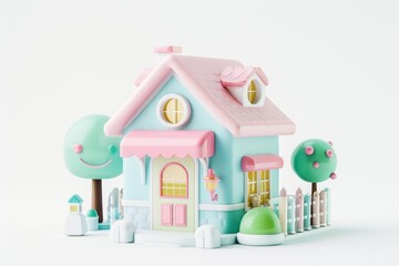 Render a cute cartoon house with pastel colors. Include a small fence and a few trees. The house should have a pink roof and blue walls.