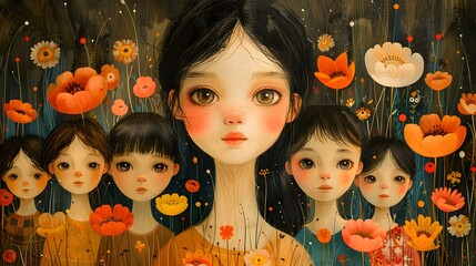 A whimsical illustration of a mother surrounded by her children, each with unique personalities