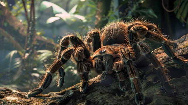 An exotic tarantula crawling on a tree branch, its hairy legs and imposing size captivating viewers with a sense of wonder.