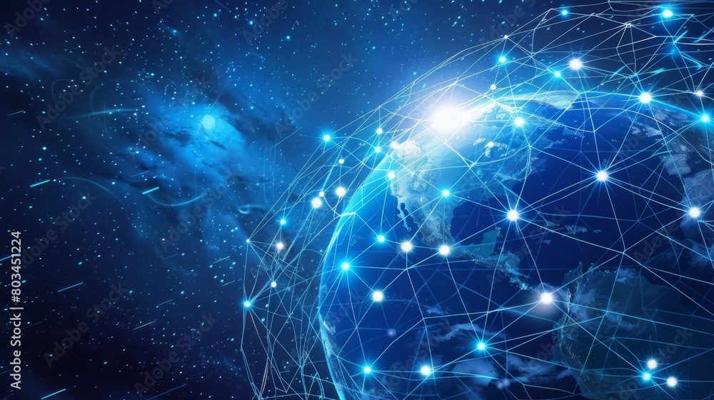 Poster An illustration of a globe enveloped by a network of digital connections, illustrating communication transcending geographical boundaries.