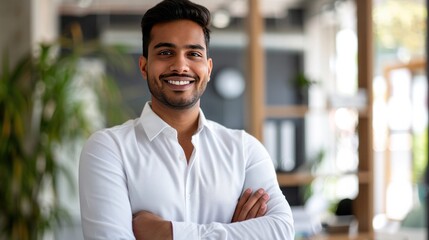 Obraz premium Smiling confident young Indian businessman in white shirt standing with crossed arms the background of blurred office