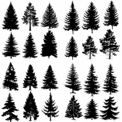 black tree silhouette set pure badge eco outline recreation breath emblem label protection graphic pine trunk woodland