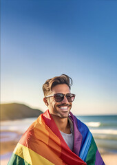 Hombre latino, gay, feliz y sonriente exhibiendo con orgullo y emoción la bandera de la diversidad y la igualdad LGBTQ+. Ilustración IA generativa. Fondo al aire libre con desenfoque 