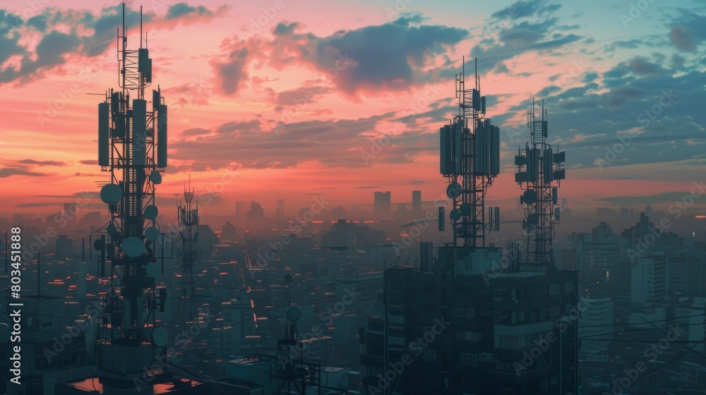 Poster an urban skyline with multiple cell signal towers blending into the cityscape, supporting uninterrup