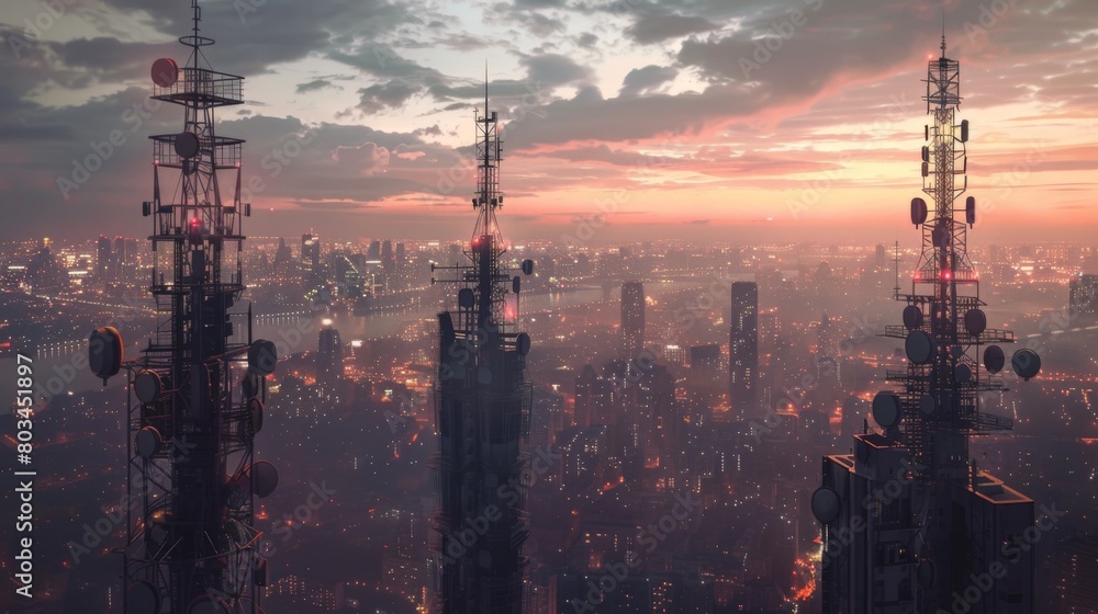 Poster an urban skyline with multiple cell signal towers blending into the cityscape, supporting uninterrup