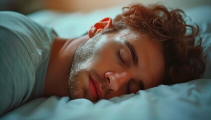 A Man Sleeping on a Bed With Closed Eyes