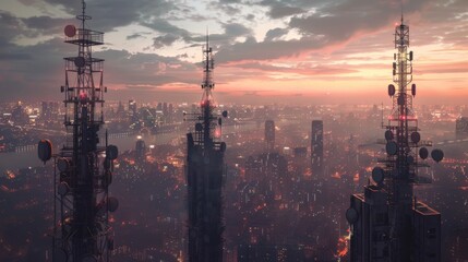 An urban skyline with multiple cell signal towers blending into the cityscape, supporting uninterrupted mobile phone service for residents
