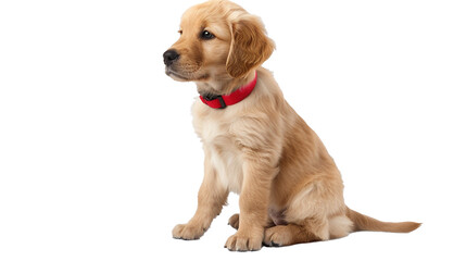 A golden retriever puppy sitting with a red collar on a transparent background. PNG format, This PNG file, with an isolated cutout object on a transparent background. 