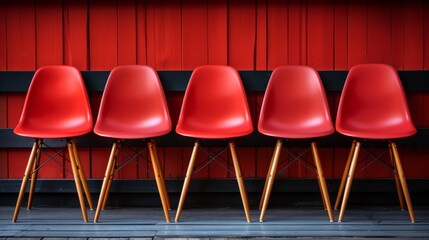 A row of red chairs lined up against a wall, AI